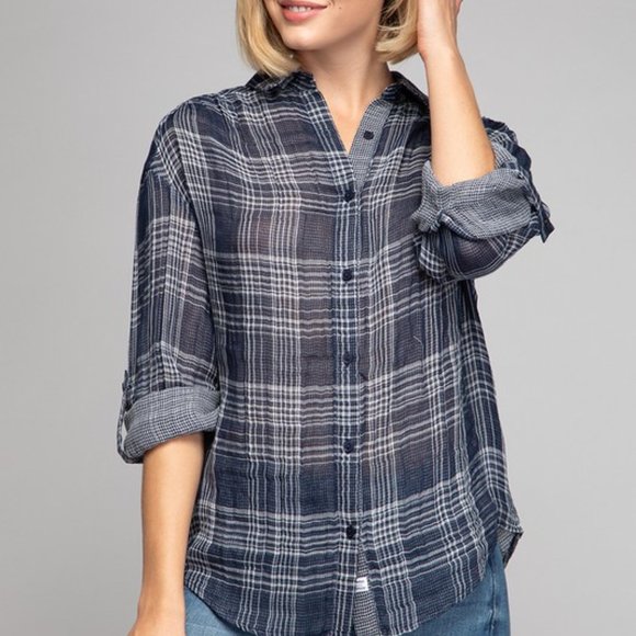 COPY - Gauzy lightweight navy plaid button up with sleeve ties - Picture 4 of 4